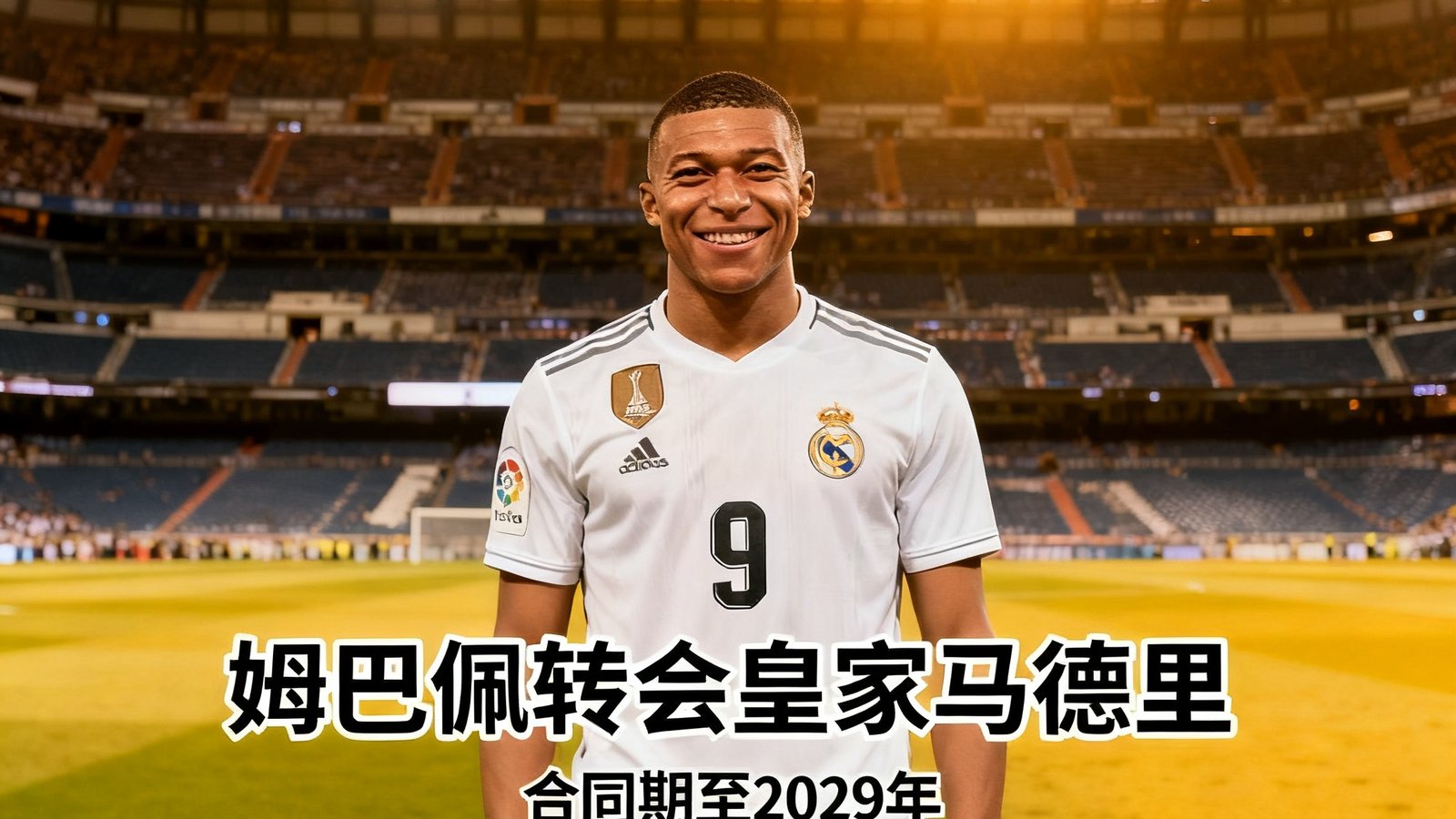 姆巴佩转会皇家马德里，身穿9号球衣亮相伯纳乌，合同期至2029年，转会费1.8亿欧元