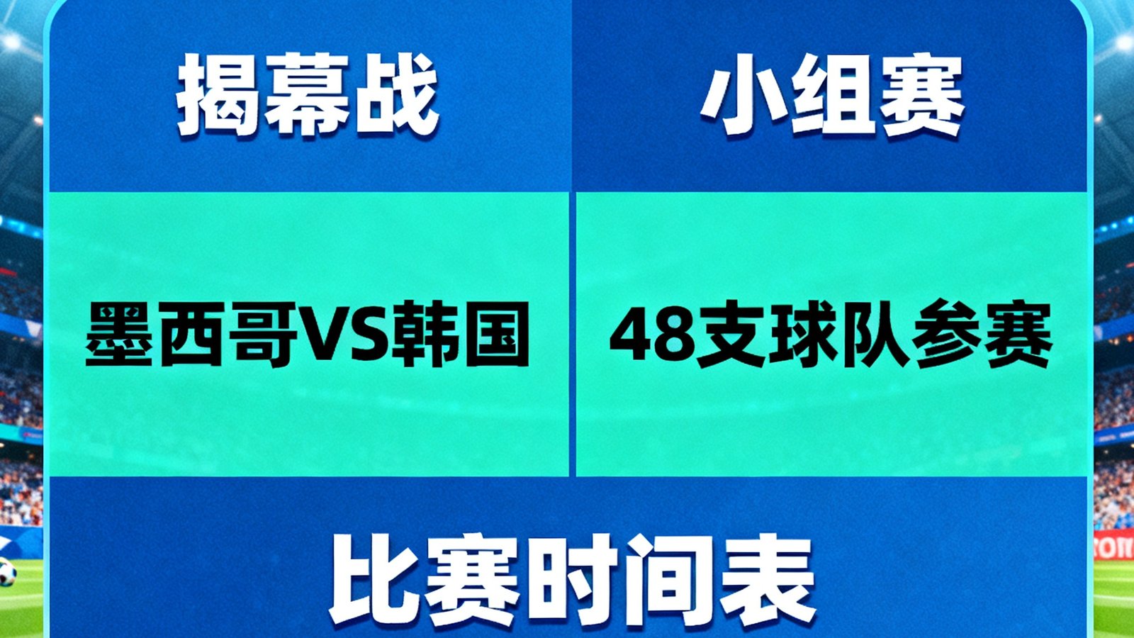 2026世界杯赛程正式公布，揭幕战墨西哥对阵韩国，小组赛赛程涵盖48支球队，比赛时间表已上线